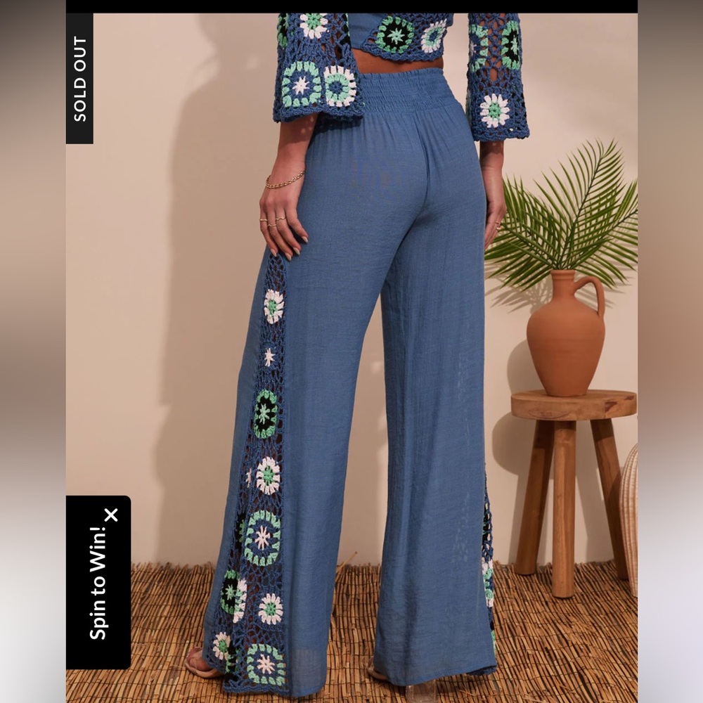 Vici Blue Wide-Leg Crochet Panel Pants